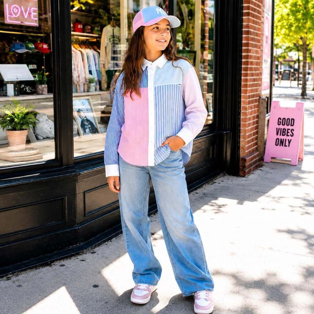 INDEE Girls Colorblock Striped Button-Up Shirt Size 12